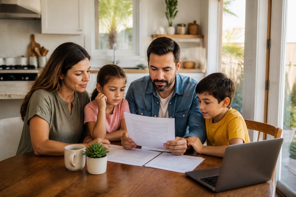 A young Florida family with two children sitting at a kitchen table reviewing health insurance paperwork and a laptop together in warm afternoon light