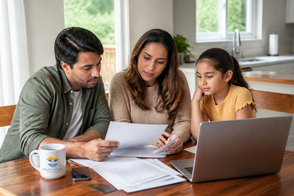 A family of three sitting at a kitchen table reviewing health insurance documents together, with a laptop open showing an enrollment website, warm natural lighting