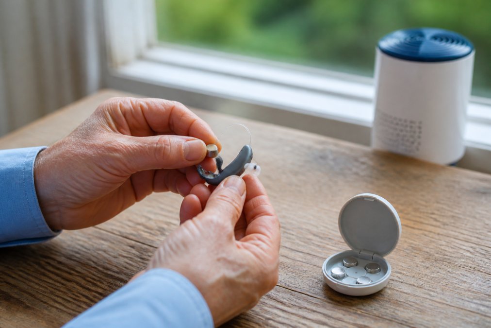 Hands gently inserting a hearing aid battery into a device over a wooden table with a small dehumidifier visible in the background, morning natural light from a window