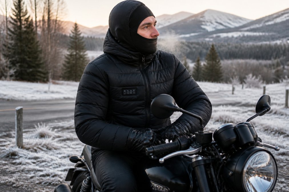 Motorcycle rider wearing layered heated gear including insulated jacket and heated gloves, seated on motorcycle in early morning frost with visible breath, winter landscape in background