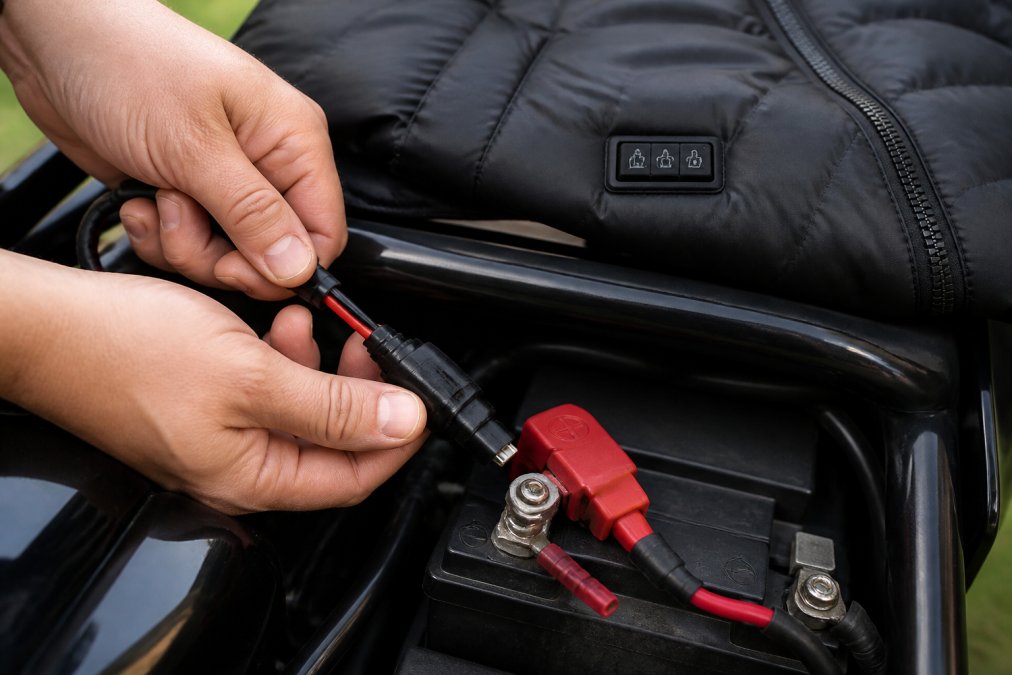Close-up of heated jacket connector being carefully plugged into motorcycle battery terminals, showing proper fused connection setup and colour-coded wiring with heat shrink tubing