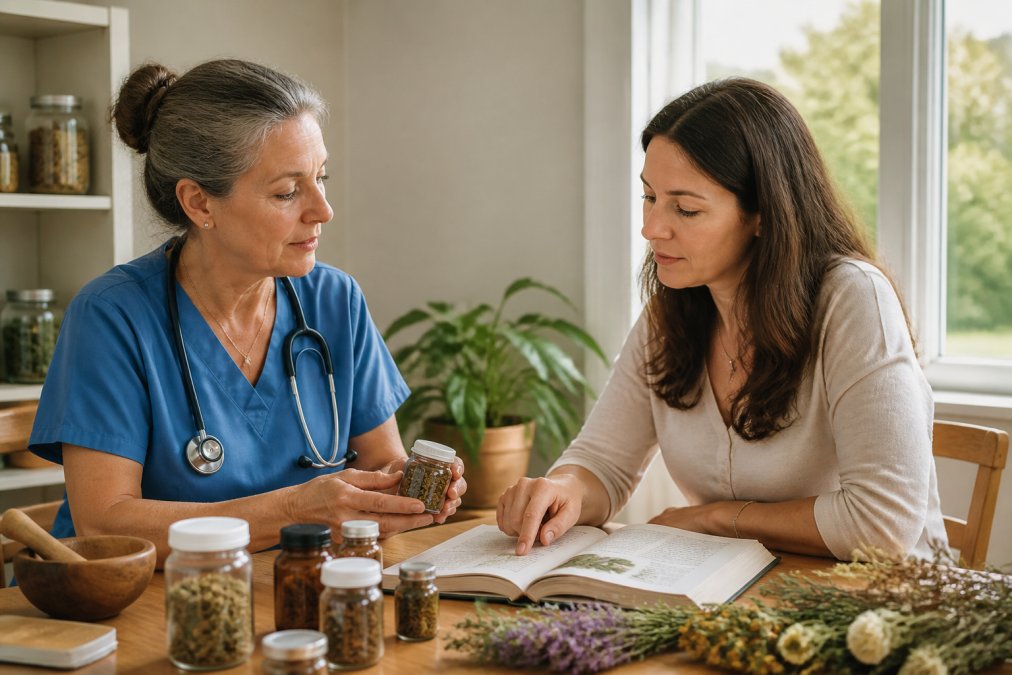 Registered nurse in clinical attire consulting with patient in wellness office, reviewing herbal remedy bottles and natural health documentation together, warm natural lighting from office window