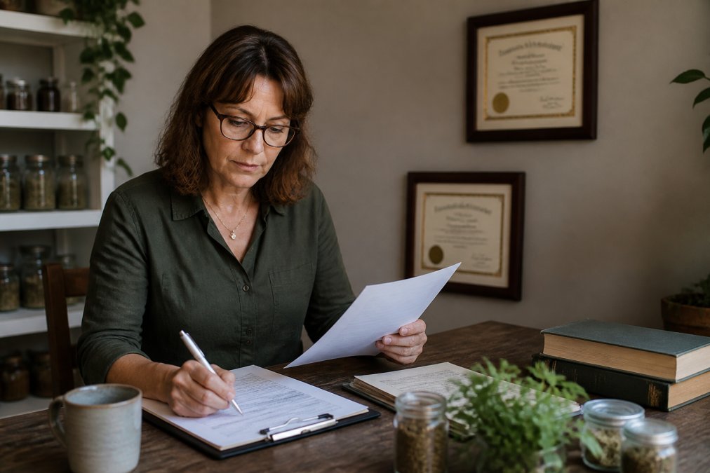 Person at desk carefully reviewing herbal credentials document and writing notes on consultation intake form, with herbalism certification and nursing license visible on wall behind