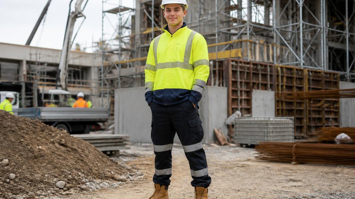 Apprentice tradesperson on active construction site wearing complete hi-vis workwear including reflective jacket, cargo work trousers, steel-capped safety boots, and hard hat, standing in natural daylight with building work visible in background