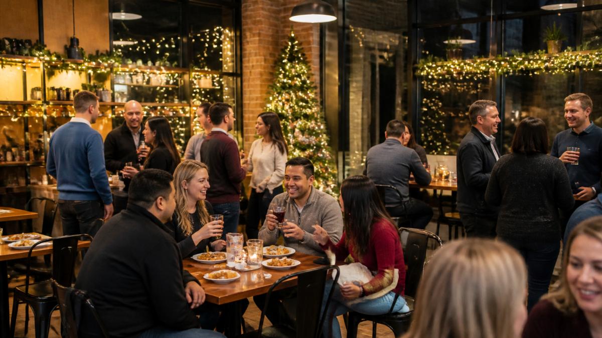 Group of professionals and friends gathered around tables in a warmly lit coffee shop space, holding drinks and appetizers, with holiday decorations and twinkling lights in the background