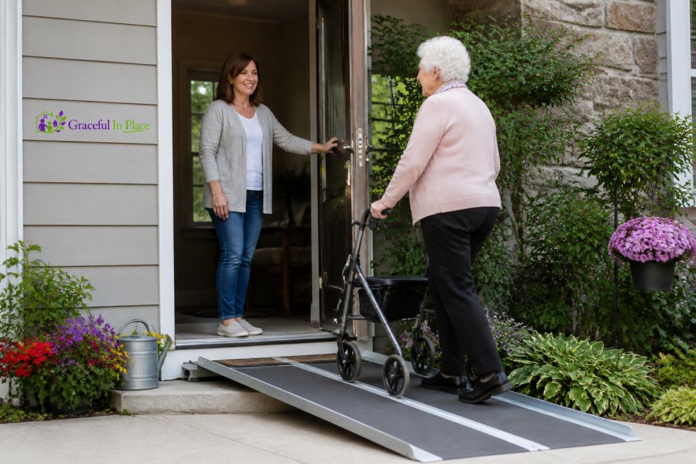 Professional illustration showing older and adult and confidently concepts for home accessibility solutions