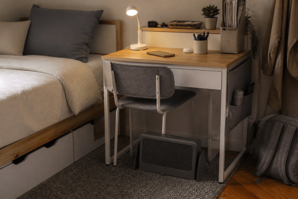 A student bedroom corner with a compact desk, a foldable under-desk foot heater tucked beneath it, and a charger lamp on the desk beside a phone, showing how small accessories free up floor space in a tight room