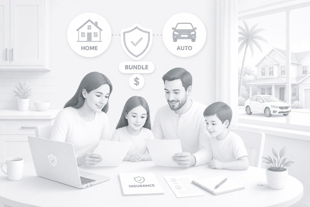 A Florida family sitting at a kitchen table reviewing insurance documents together, with a laptop open and a house visible through the window in the background
