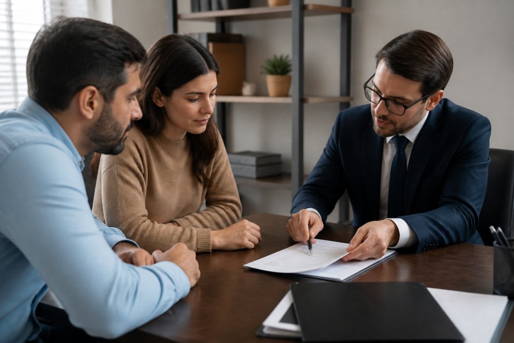 A professional insurance agent sitting across a desk from a couple, pointing to documents and explaining coverage options in a warm, well-lit office setting