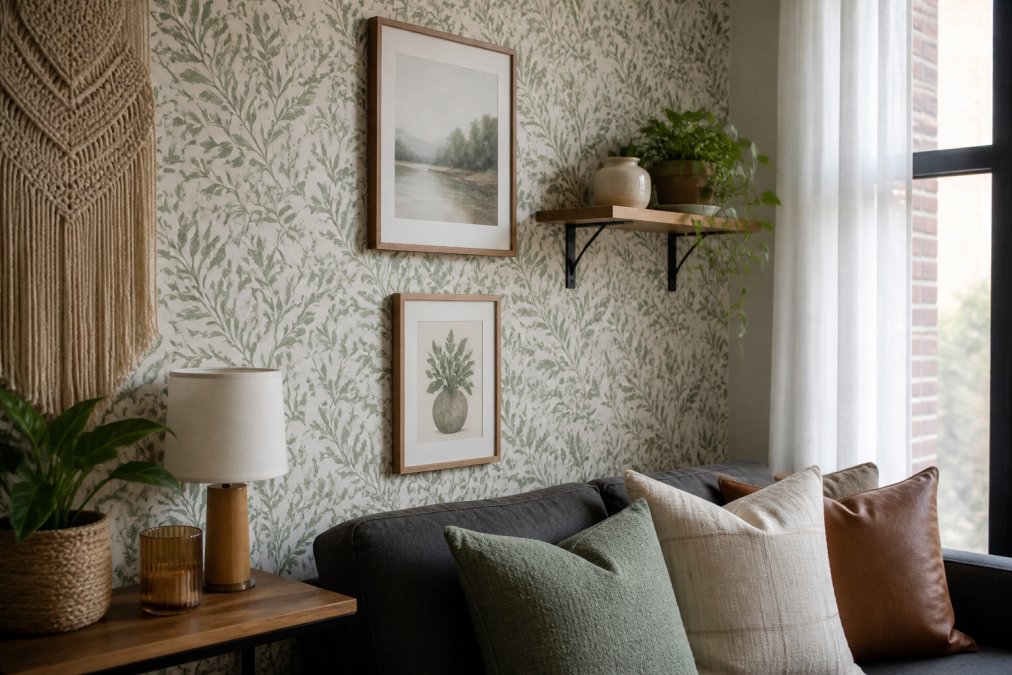 Apartment wall decorated with peel-and-stick removable wallpaper accent wall, adhesive command hooks holding framed art and a small floating shelf, with a fabric tapestry hanging above a side table, natural window light illuminating the damage-free decor setup
