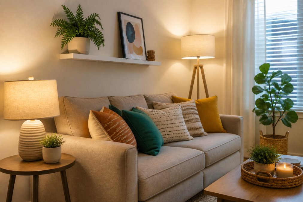 Cozy apartment living room with a neutral sofa styled with colorful throw pillows in coordinated patterns, a small wooden side table holding a tabletop lamp with warm lighting, a floor lamp in the corner providing layered light, a small wall shelf displaying decorative items and a potted plant, creating a welcoming and visually interesting space despite the compact size