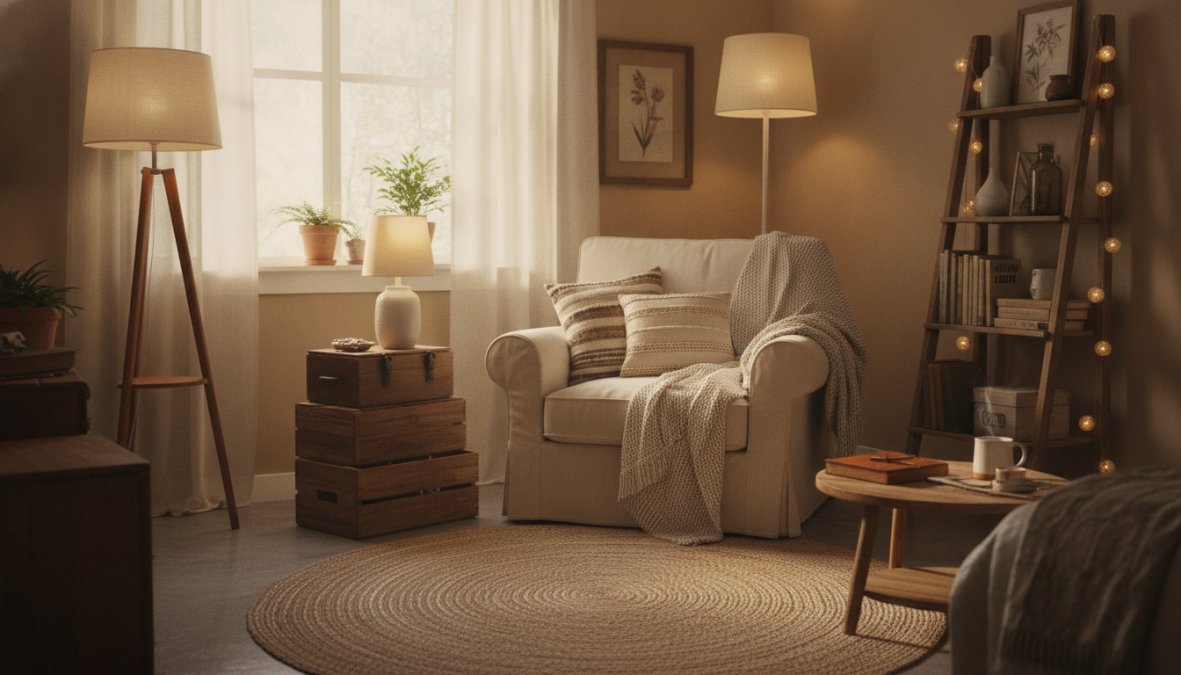 A cozy, minimalist living room in a small apartment with warm ambient lighting from table lamps, a neutral area rug anchoring the seating area, and carefully curated home accents displayed on floating shelves and side tables