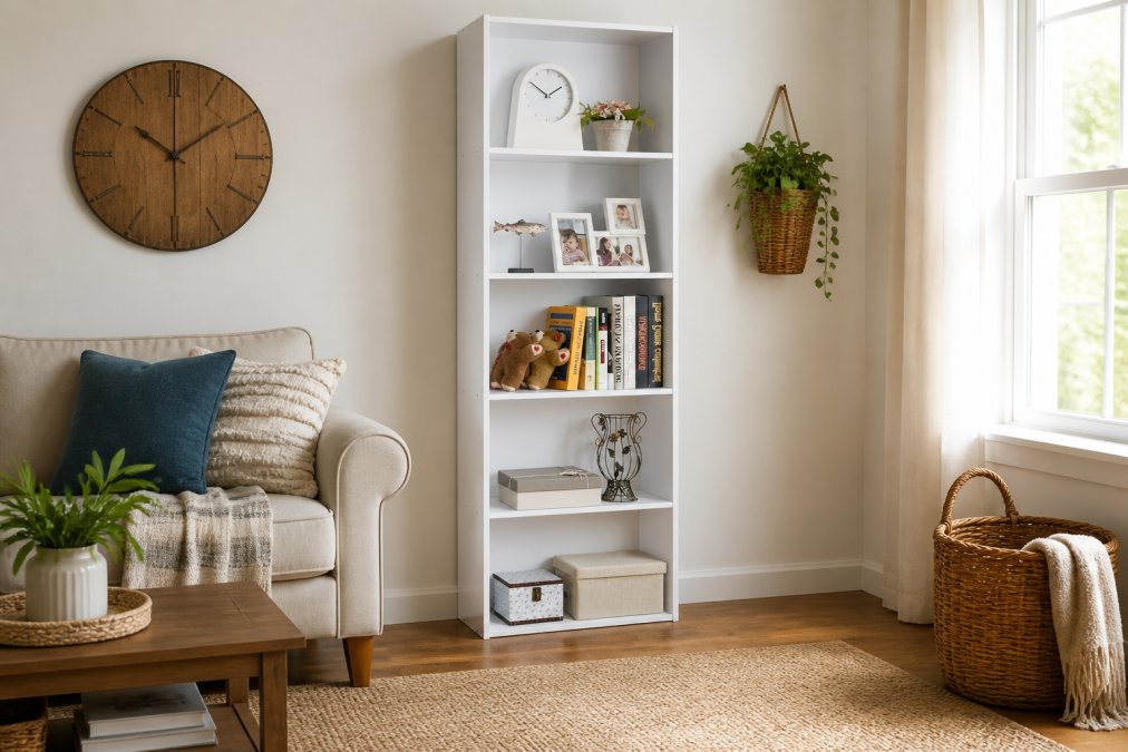 A bright, tidy family living room with a white five-tier bookcase filled with books and decorative accessories, a neutral hand-woven runner rug on hardwood floors, and simple rustic wall decor, warm, organized, and naturally lit