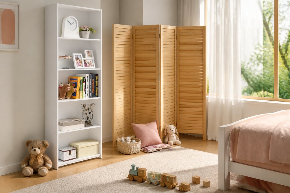 A cheerful kids' bedroom with a sturdy white five-tier wooden bookcase holding colorful books and small toys, woven storage baskets on lower shelves, a low-pile area rug in a neutral tone, and a wooden room divider creating a reading nook, warm, natural afternoon light through a window