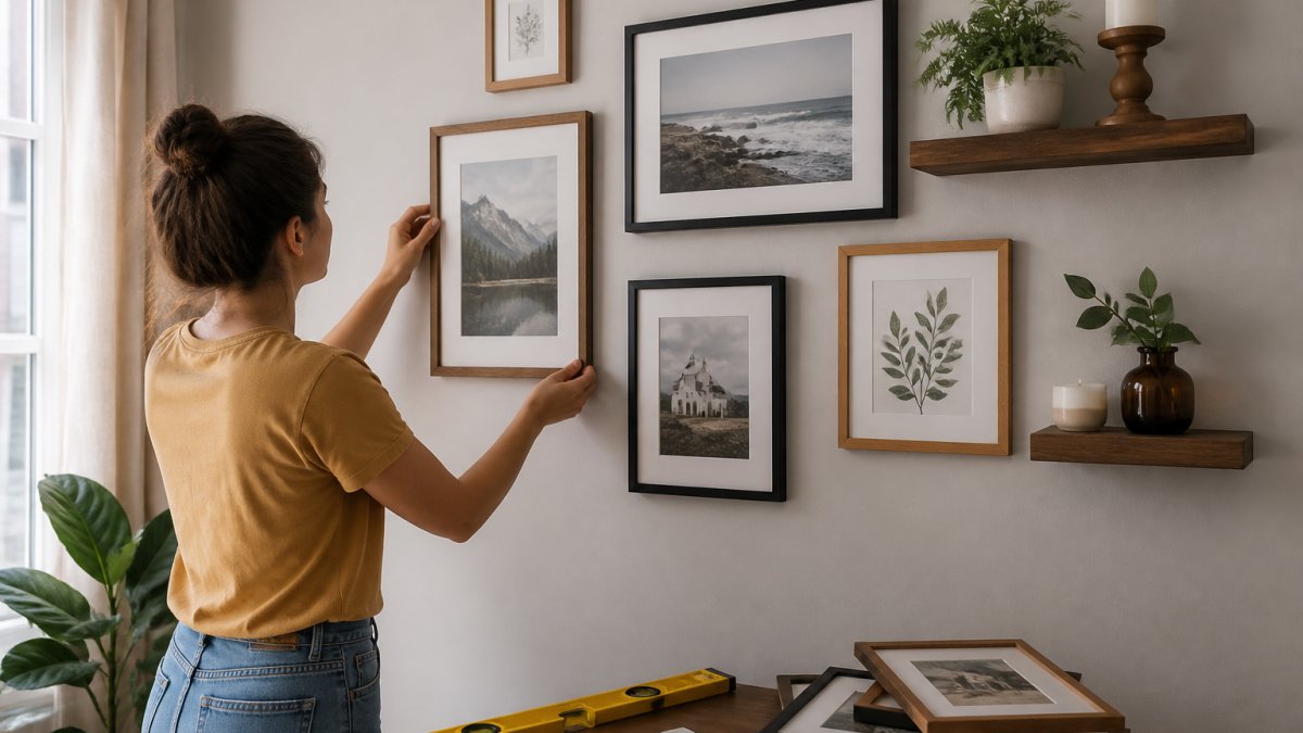 Renter arranging a gallery wall using removable adhesive strips to hang frames without drilling holes
