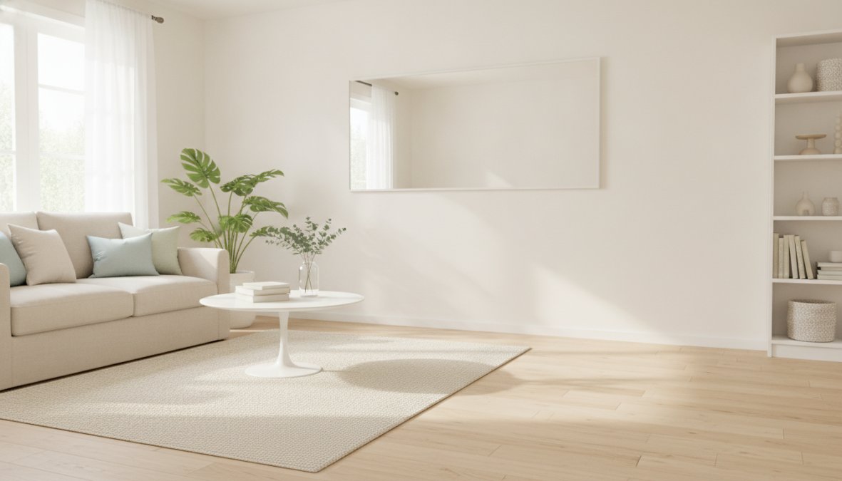 A compact living room with a large round mirror on one wall reflecting light from a window, pale gray walls, white furniture, and green plants on floating shelves creating a bright, spacious feeling