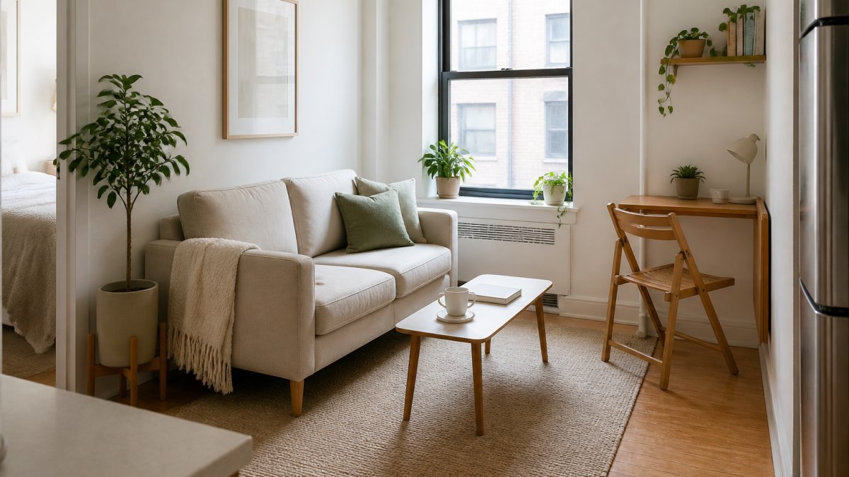 Diagram showing affordable home decor layout tips for a bright, open-plan studio apartment living space.