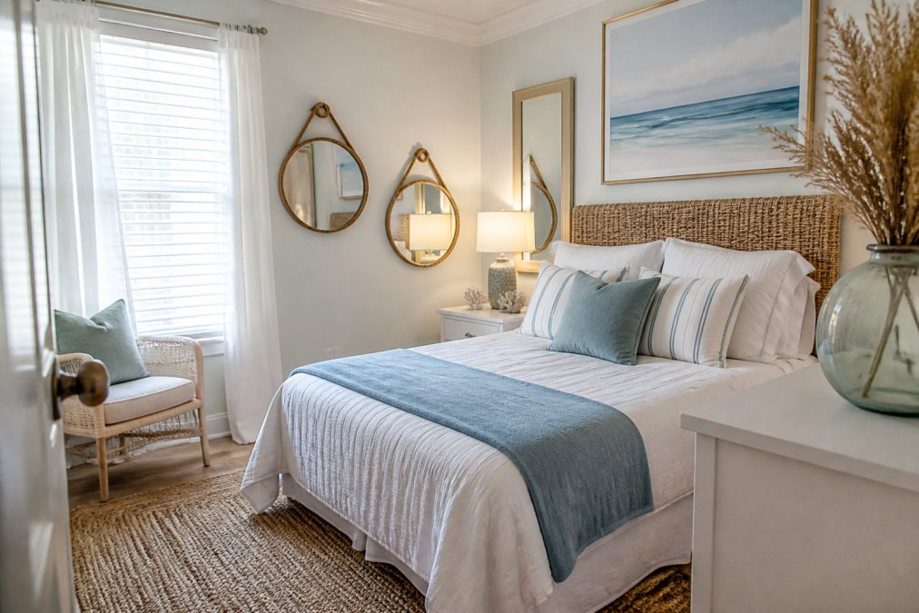 Small bedroom decorated in coastal style with light colors, nautical accents, mirrors, wall art, and affordable furniture pieces creating an airy, seaside atmosphere with natural light