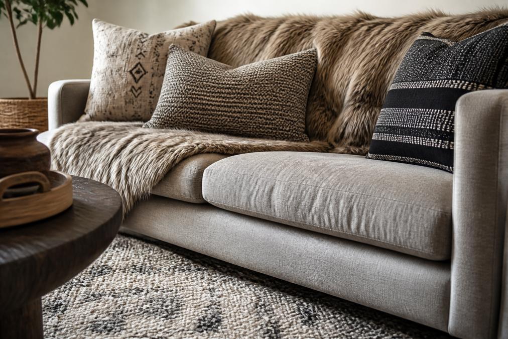 Close-up of a styled sofa with a faux fur throw blanket draped across the back, patterned cushions in neutral tones, and a textured area rug visible beneath, showing distinct textural contrast and layering