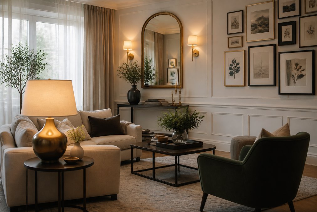 A well-lit modern living room with warm light from a brass table lamp on a side table, soft wall sconces flanking a statement mirror, and natural light filtering through sheer curtains, with a gallery wall creating a clear focal point
