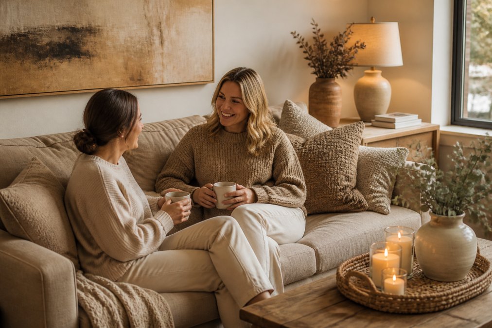 Infographic visualizing the integration of warm color palettes and natural textures in a cozy living room corner