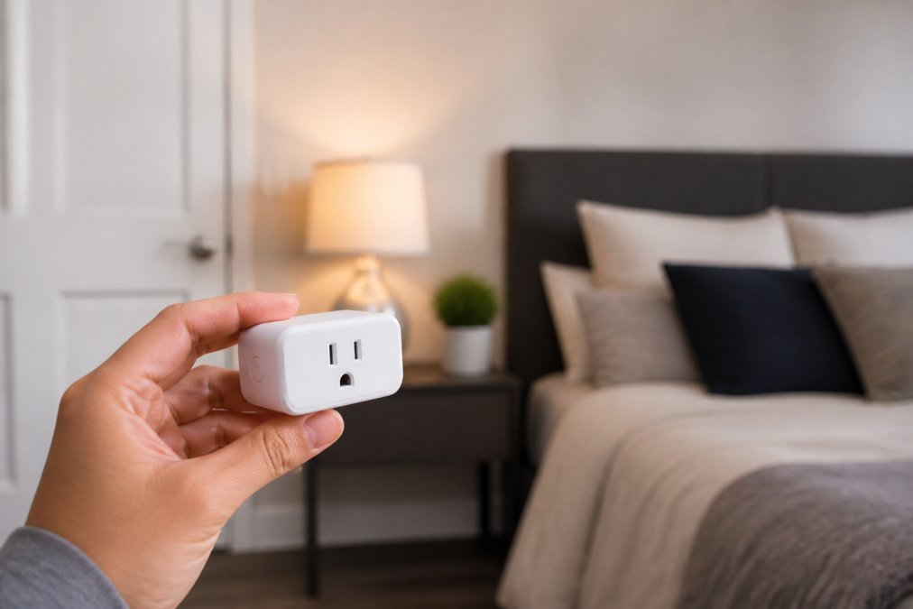 Close-up of a Kasa Smart Plug Mini being held in a small apartment bedroom with a lamp and wireless connectivity symbols subtly visible in the background