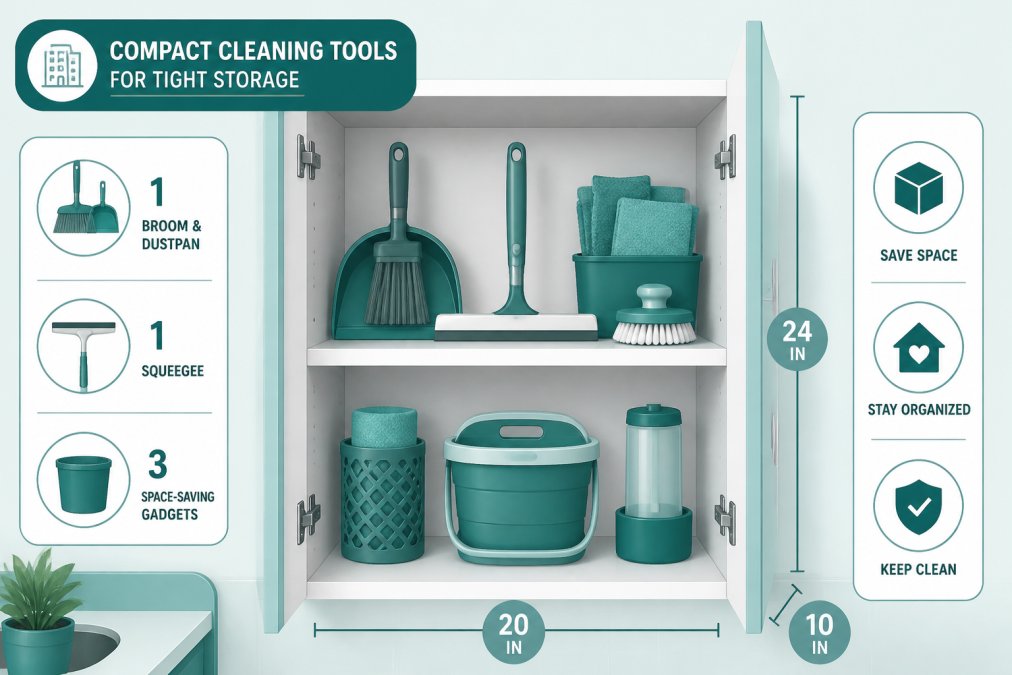 An organized apartment bathroom cabinet showing compact cleaning tools neatly stored, including a small broom and dustpan set, squeegee, and space-saving gadgets on white shelving