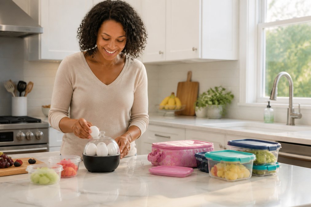 A busy parent in a bright, organized kitchen preparing breakfast with a compact egg cooker on the counter, kids' lunchboxes and food storage containers visible on the counter nearby, warm morning light streaming through a window