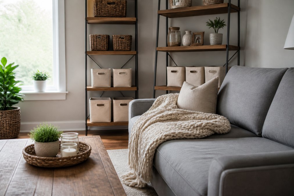 A neatly organized family living room with decorative wicker baskets on open shelves, labeled fabric storage bins along the wall, a cozy knitted throw blanket draped over a gray couch, minimal clutter on surfaces, soft natural light from a large window