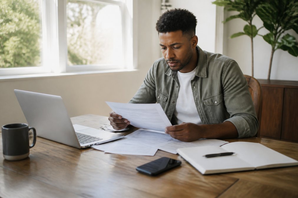 Homeowner sitting at desk with documents, laptop, and phone, reviewing insurance quotes with focused expression, natural daylight from window