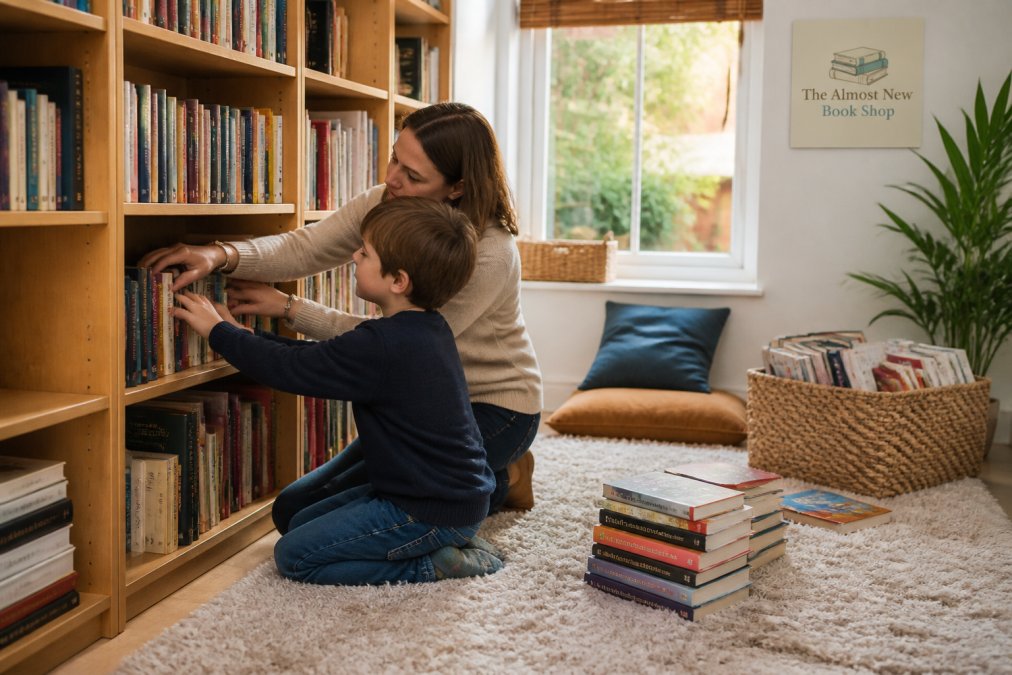 A parent and child organizing colourful books on a wooden home library shelf in a cozy reading nook