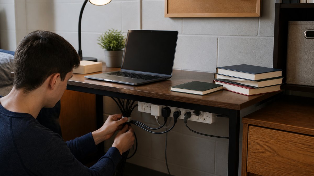 Compact dorm desk featuring a laptop, desk lamp, and organized cables with a power strip mounted underneath.