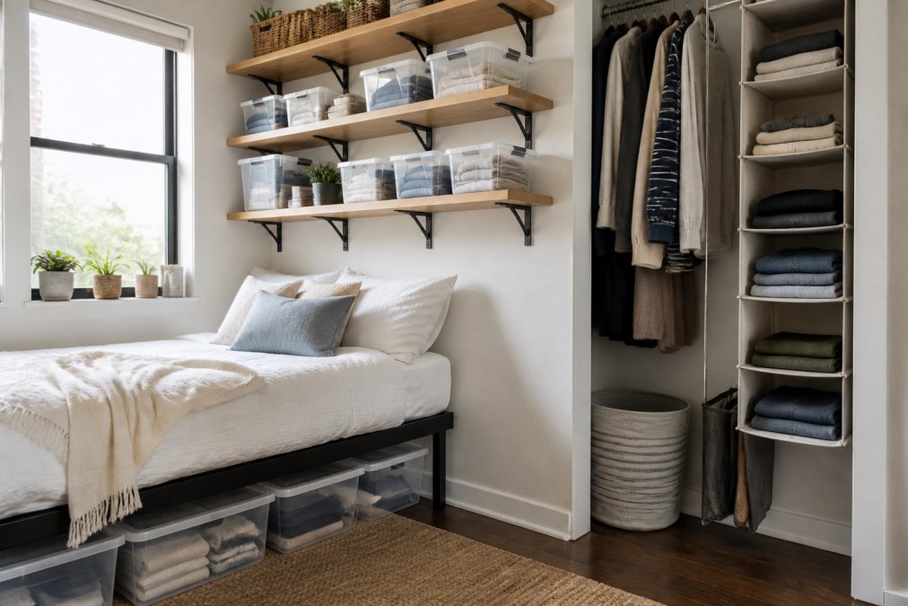Compact studio apartment bedroom with wall-mounted floating shelves, clear plastic storage bins stacked on shelves, hanging closet organizer with folded clothes visible, and under-bed storage containers, natural daylight from window