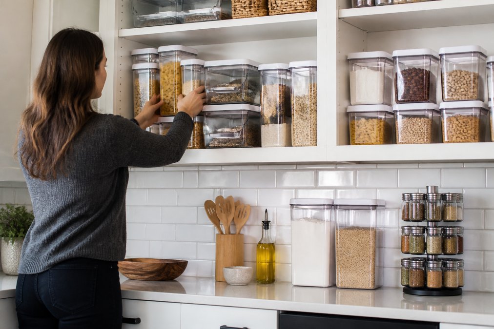Woman organizing kitchen pantry shelves with clear plastic storage bins, labeled containers, stackable OXO Good Grips POP containers for dry goods, and organized spice rack, bright kitchen lighting