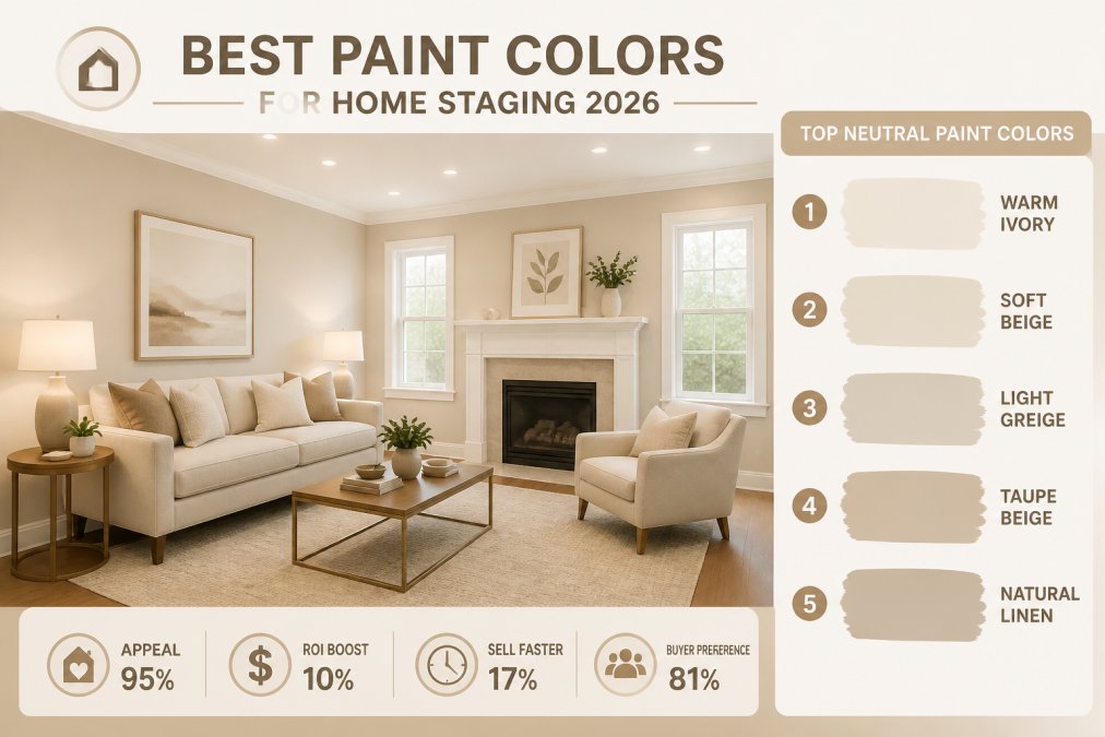Bright, neutral living room with soft beige walls, white trim, and warm-toned LED lighting from ceiling fixtures and table lamps creating inviting focal points