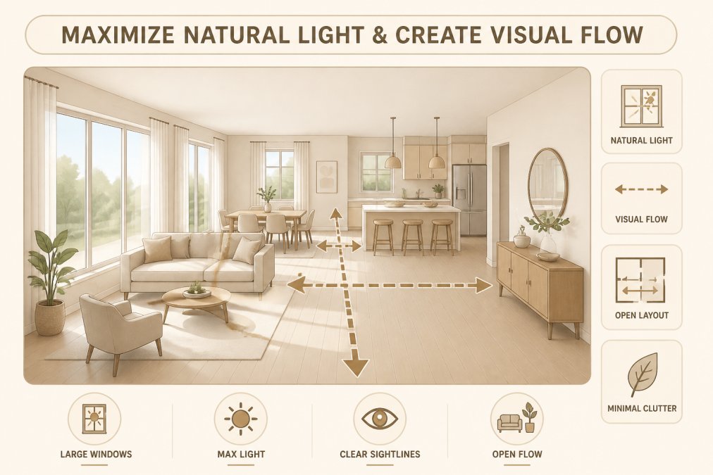 Open floor plan with natural light streaming through large windows, minimalist furniture arrangement, and clear sightlines showing spatial awareness and intentional design