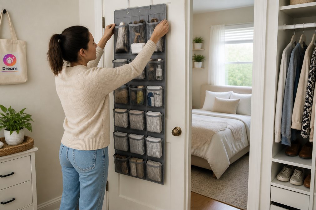 Person hanging an over-door organizer to improve home storage in a tidy bedroom