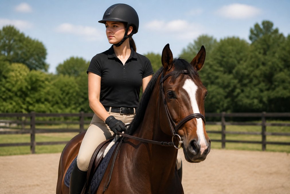 Rider wearing protective safety gear including ASTM-certified helmet, half chaps, and riding gloves, mounted on a horse in an outdoor arena with natural lighting