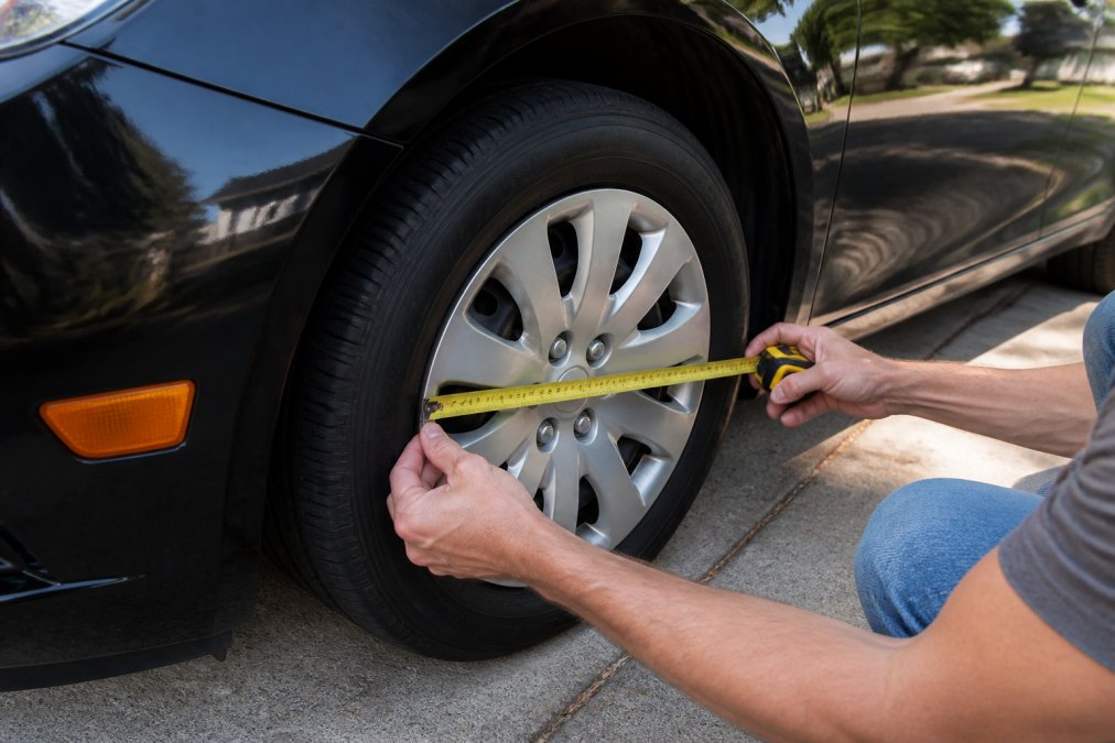 Person using a tape measure on a car wheel to find the right size for affordable hubcap replacements