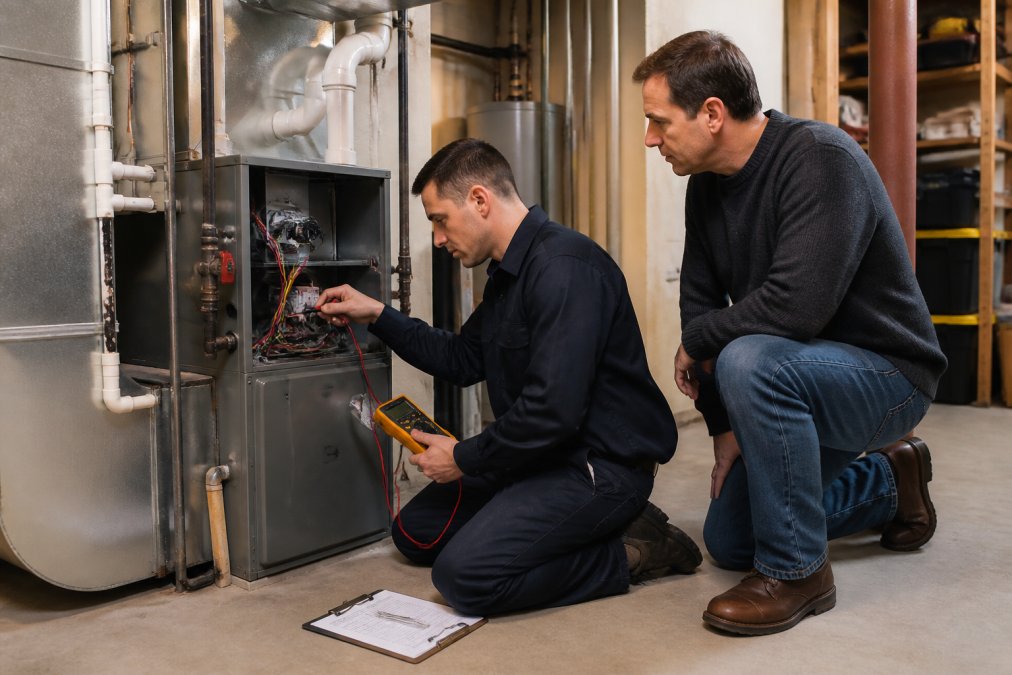 Technician using a multimeter on a furnace during hvac repair services