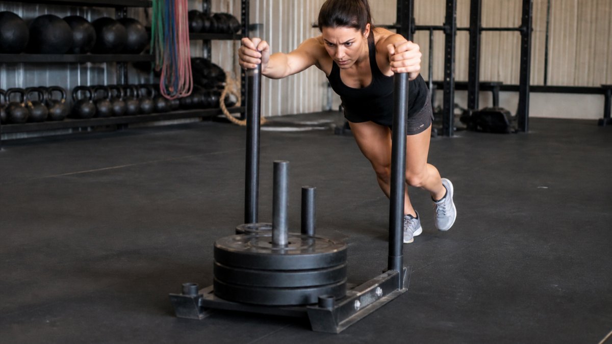 Athlete performing a sled push exercise in a gym setting with kettlebells and resistance equipment visible in the background