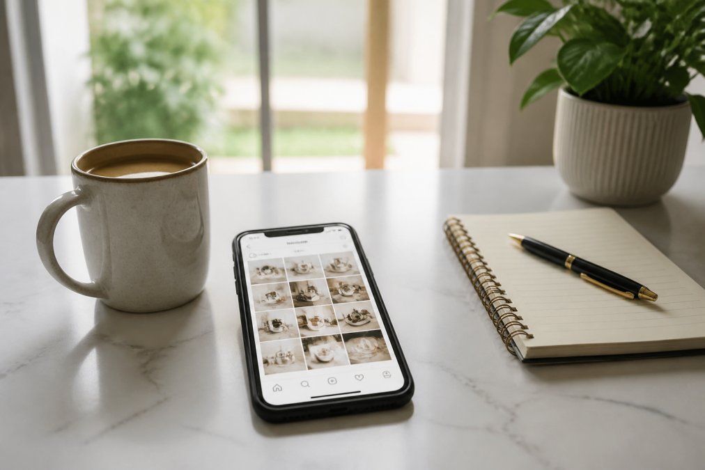 A smartphone on a clean white desk displaying an Instagram profile, with a coffee cup and a small notebook nearby, soft morning light through a window