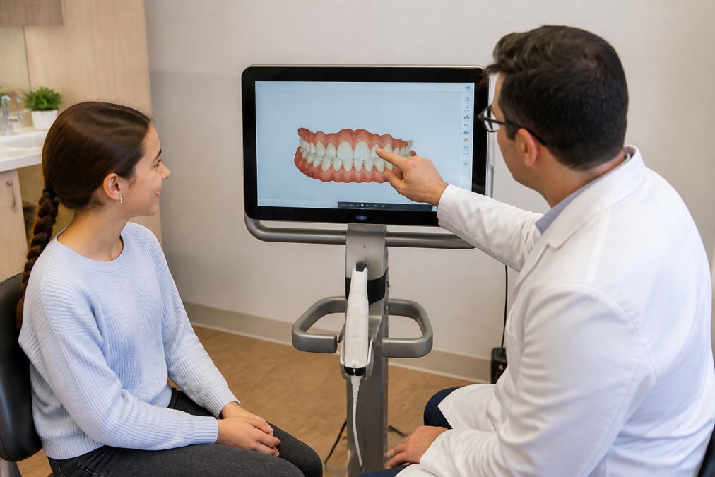 Young patient during a dental consultation with an orthodontist reviewing 3D digital scan results on a monitor, showing modern diagnostic technology