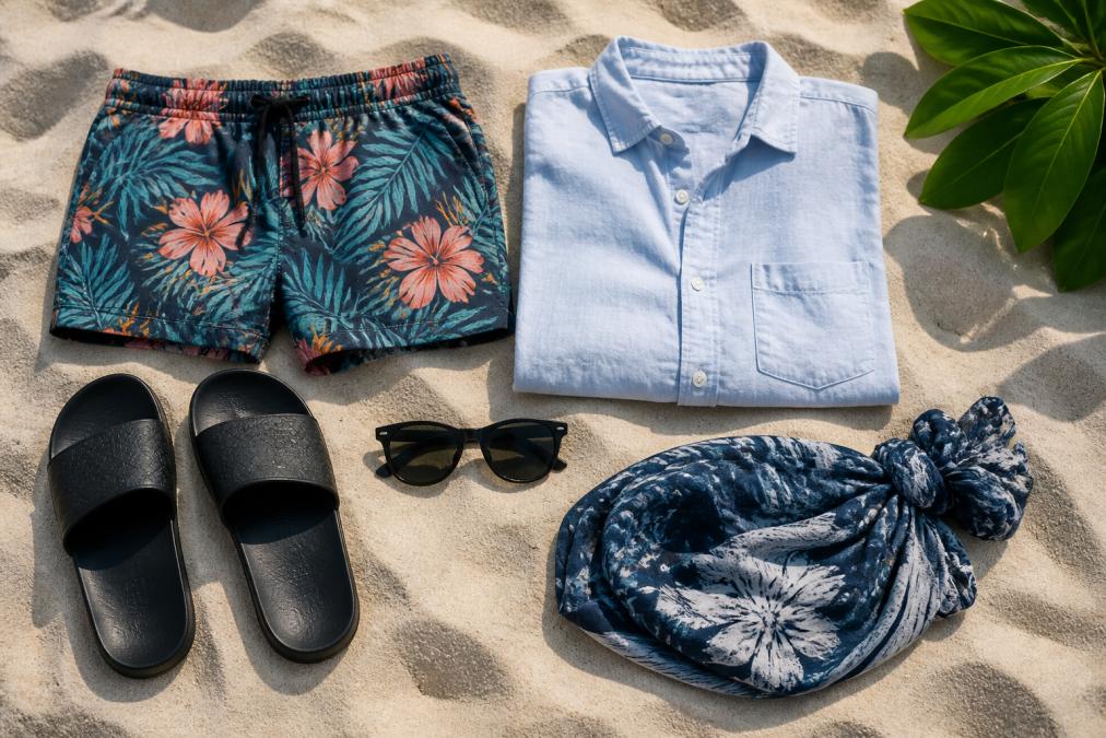 Flat lay of neatly arranged island-inspired clothing items on a light sandy surface: swim shorts with tropical prints, a folded linen shirt, a sarong, sunglasses, and leather sandals arranged in a clean grid suggesting a compact travel wardrobe