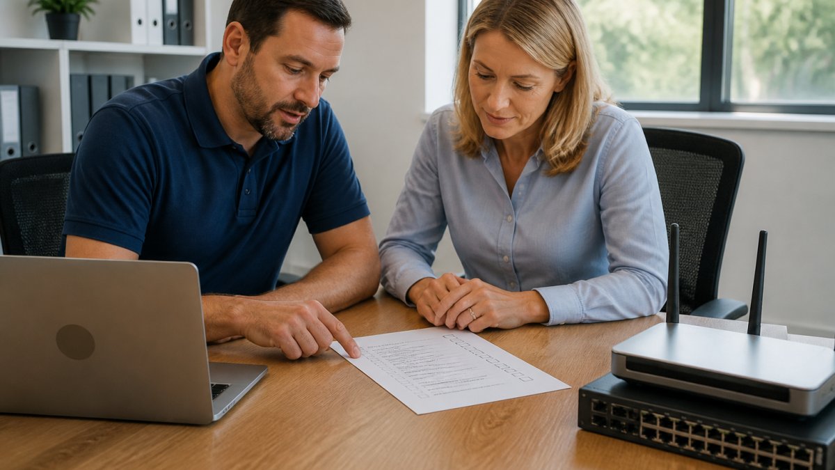 An IT consultant and a small business owner reviewing a printed infrastructure checklist together at a desk, with a laptop, network switch, and router visible in the background of a bright office