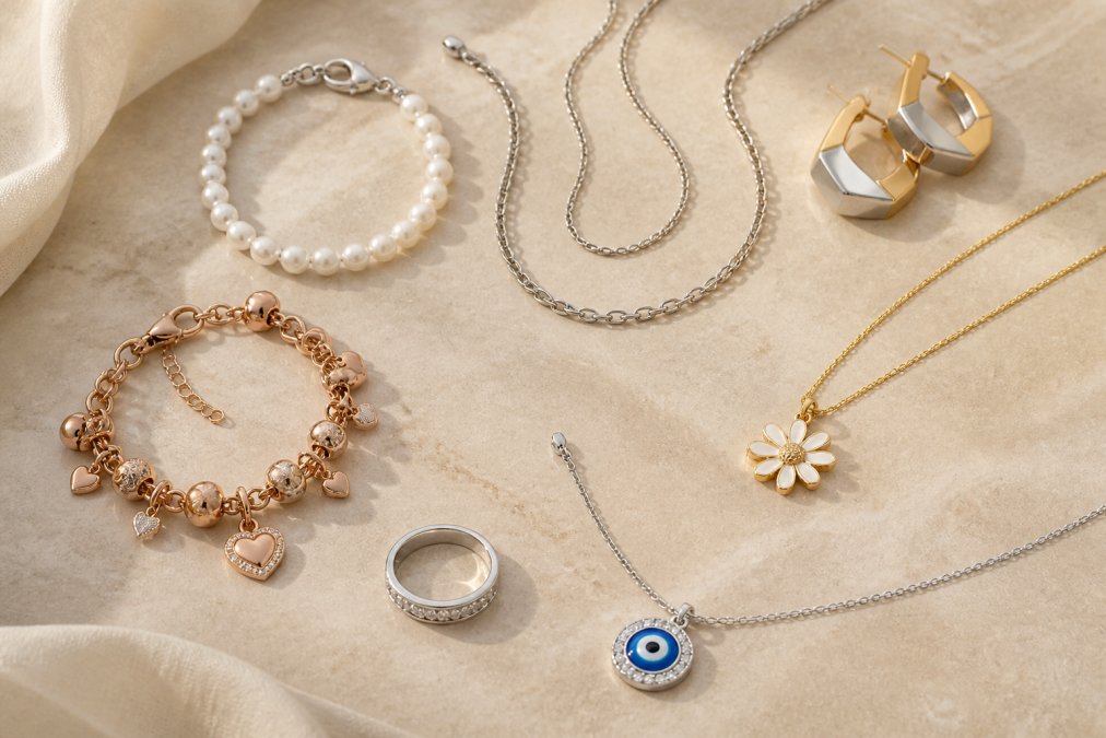 Flat lay of seven diverse jewellery pieces arranged on a neutral surface: a lustrous pearl bracelet with silver clasp, delicate stainless steel chains, geometric hoop earrings in two-tone finish, gold-plated daisy pendant necklace, charm bracelet with rose gold accents, cubic zirconia friendship ring, and evil eye pendant necklace, displayed under soft natural window lighting