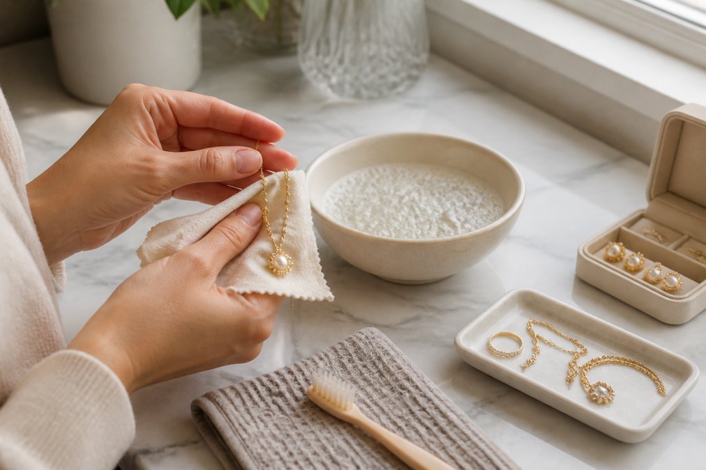 Close-up of hands gently cleaning a gold-plated necklace with a soft microfibre cloth, with a shallow ceramic bowl containing mild soapy water in soft natural window lighting on a marble vanity surface