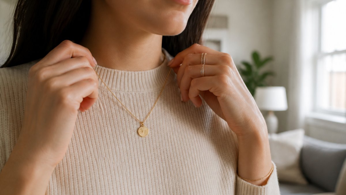 Close-up of a woman's hands adjusting a delicate gold-plated pendant necklace over a cream knit sweater, soft window light, neutral apartment background