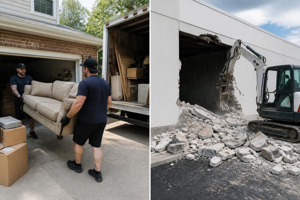 Junk removal crew carrying a sofa and boxes from a residential garage for affordable junk removal services