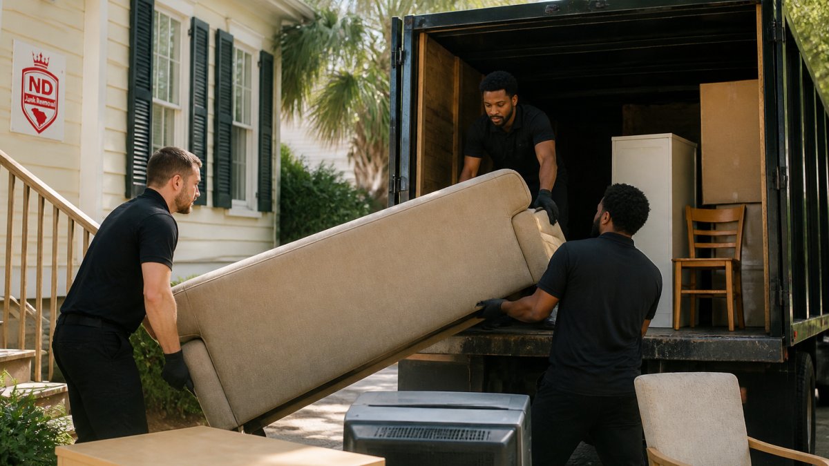 Professional junk removal crew loading bulky furniture and household items into truck bed from residential property, showing scale of items and team coordination